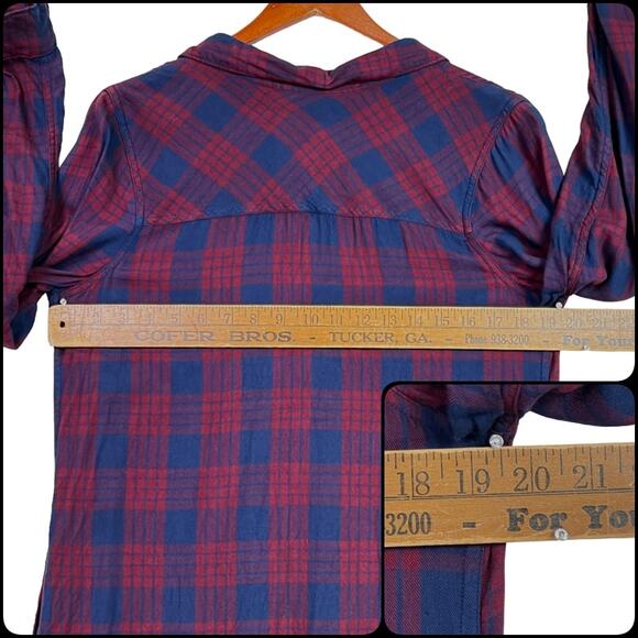 SO Long Sleeve Roll Tab Shirt Dress Pockets Size XL Red Blue Plaid - Picture 10 of 12
